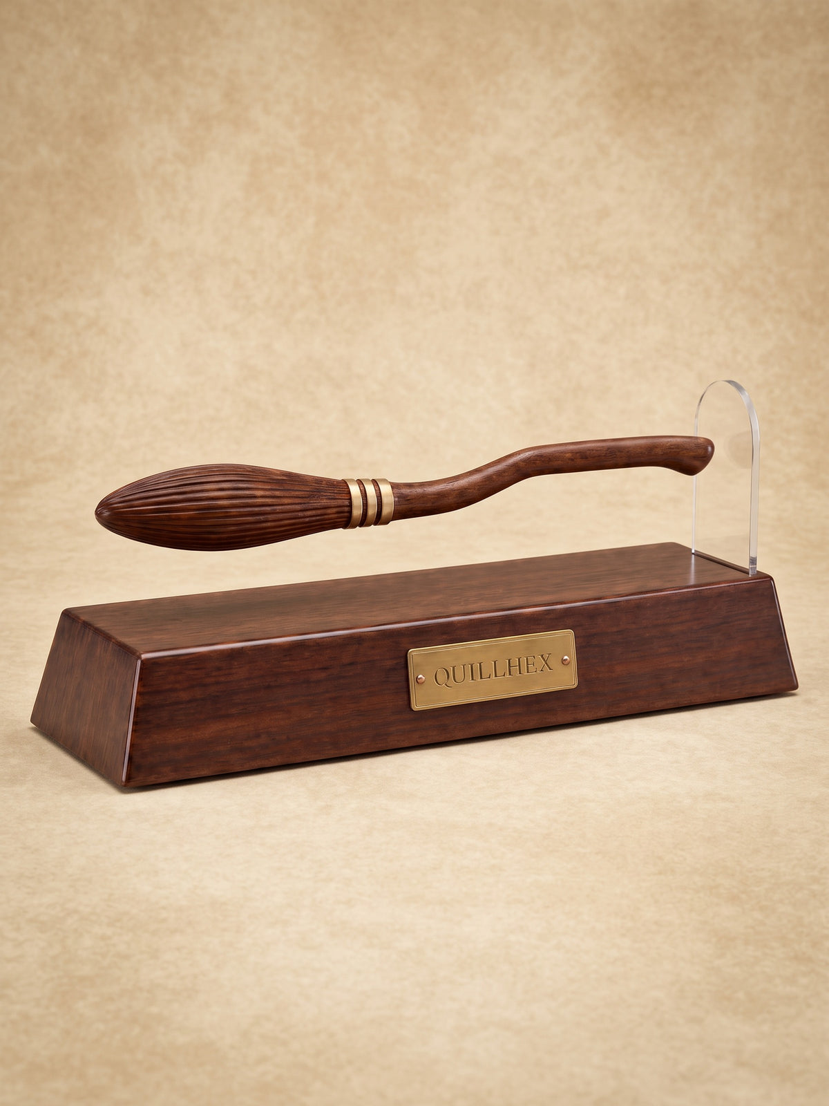 Quillhex magnetic broom pen floating beside its rounded clear upright